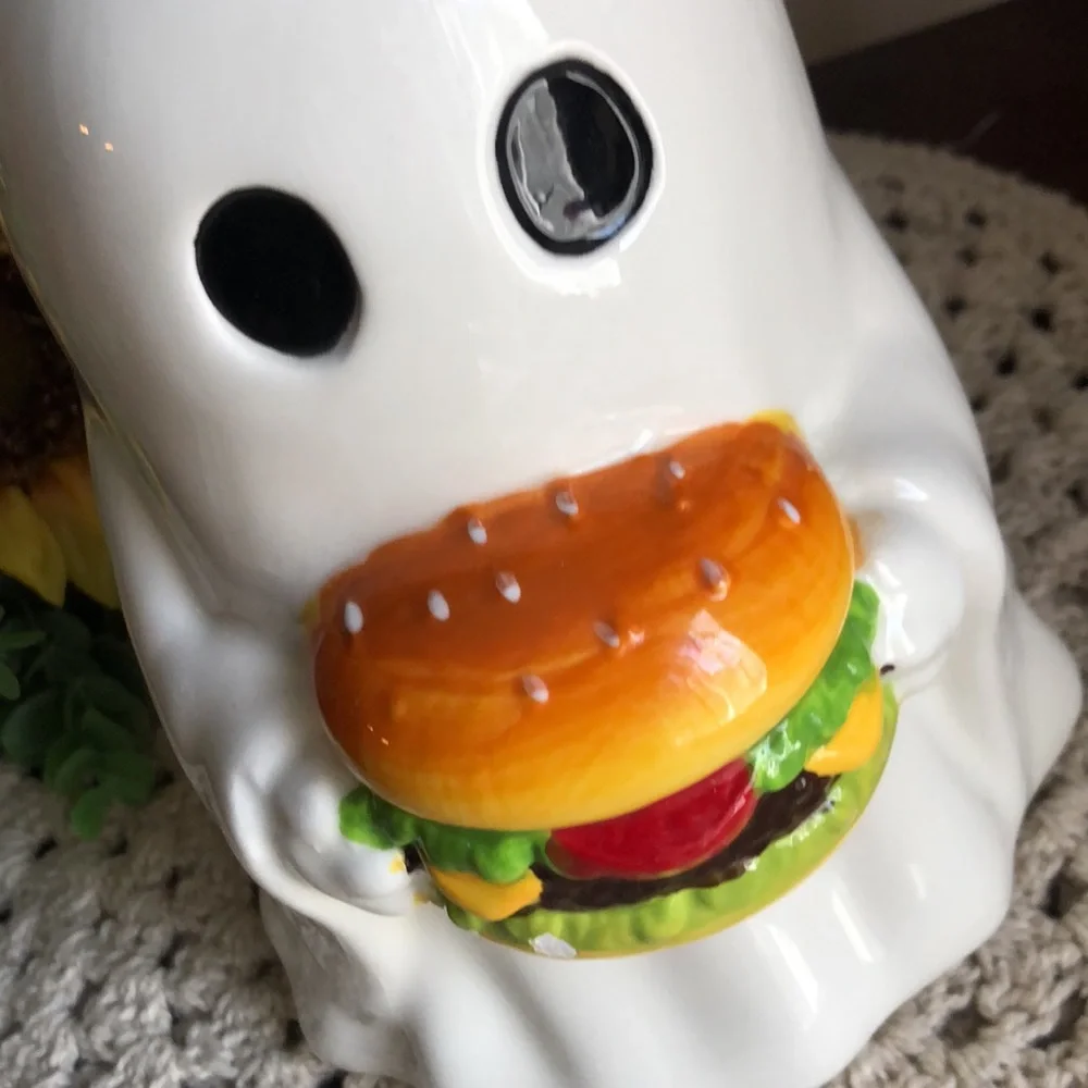 White Ceramic Ghost Figurine Holding Burger